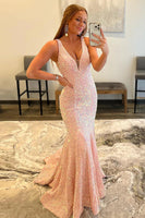 Load image into Gallery viewer, Pink Deep V Neck Mermaid Prom Dress