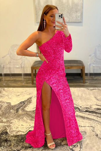 Pink One Shoulder Sequined Prom Dress
