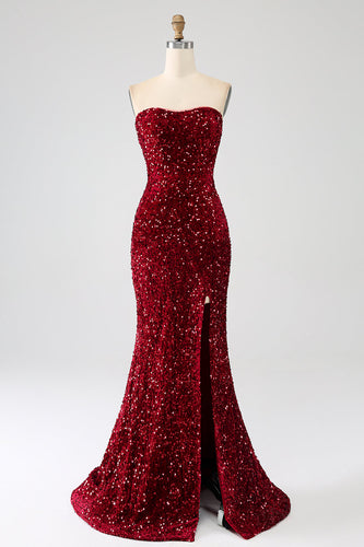 Red Strapless Sequins Long Mermaid Prom Dress With Slit