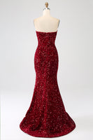 Load image into Gallery viewer, Red Strapless Sequins Long Mermaid Prom Dress With Slit