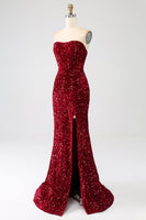Load image into Gallery viewer, Red Strapless Sequins Long Mermaid Prom Dress With Slit