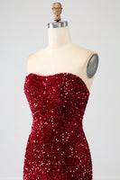 Load image into Gallery viewer, Red Strapless Sequins Long Mermaid Prom Dress With Slit