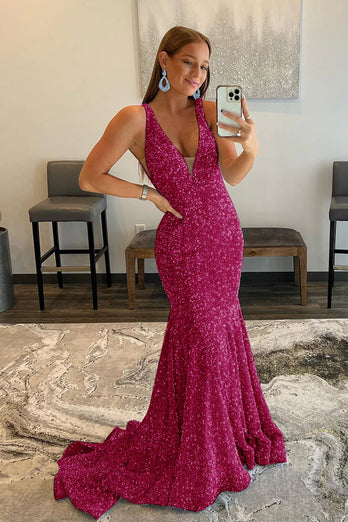 Mermaid Deep V Neck Purple Sequins Prom Dress with Open Back
