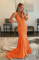 Load image into Gallery viewer, Mermaid Deep V Neck Purple Sequins Prom Dress with Open Back