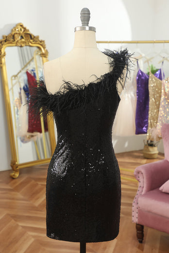 Sheath One Shoulder Light Blue Sequins Homecoming Dress with Feather