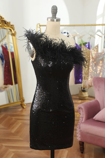 Sheath One Shoulder Light Blue Sequins Homecoming Dress with Feather