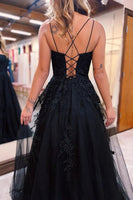 Load image into Gallery viewer, Black A-Line Tulle Long Prom Dress with Lace