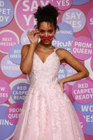 Load image into Gallery viewer, A Line Spaghetti Straps Pink Long Prom Dress with Appliques