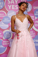 Load image into Gallery viewer, A Line Spaghetti Straps Pink Long Prom Dress with Appliques