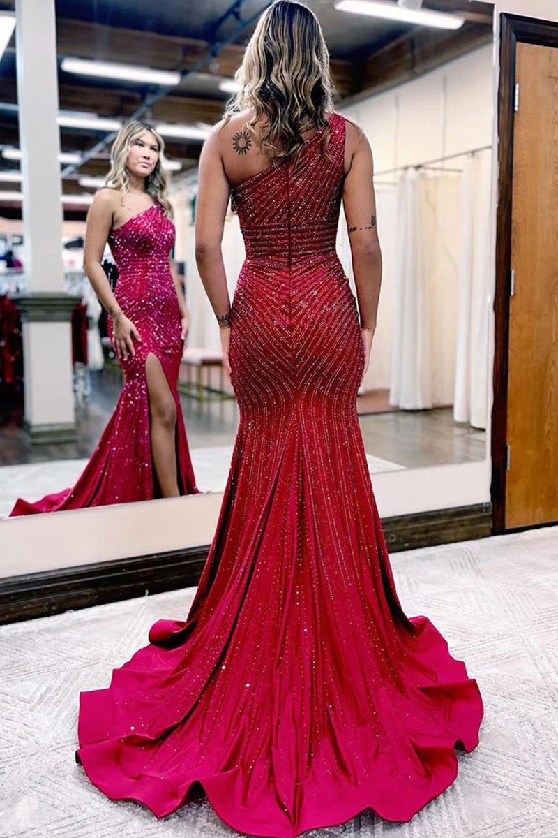 Load image into Gallery viewer, Sparkly Burgundy Beaded One Shoulder Long Prom Dress with Slit