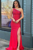 Load image into Gallery viewer, Sparkly Burgundy Beaded One Shoulder Long Prom Dress with Slit