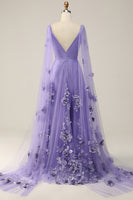 Load image into Gallery viewer, Purple Watteau Train Prom Dress With 3D Flowers