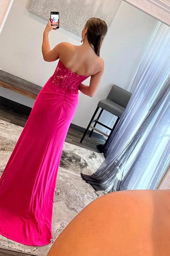 Sparkly Fuchsia Corset Long Prom Dress with Slit