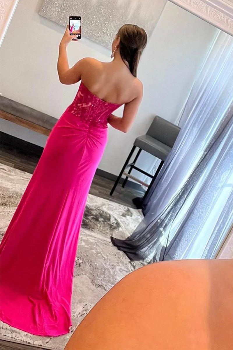 Load image into Gallery viewer, Sparkly Fuchsia Corset Long Prom Dress with Slit