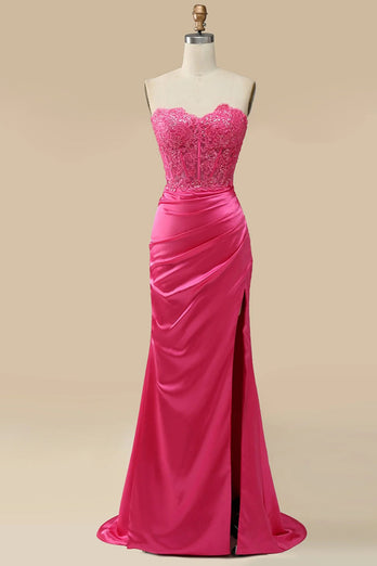 Sparkly Fuchsia Corset Long Prom Dress with Slit