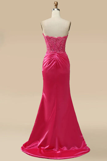 Sparkly Fuchsia Corset Long Prom Dress with Slit
