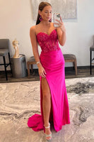 Load image into Gallery viewer, Sparkly Fuchsia Corset Long Prom Dress with Slit