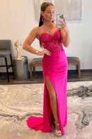 Load image into Gallery viewer, Sparkly Fuchsia Corset Long Prom Dress with Slit