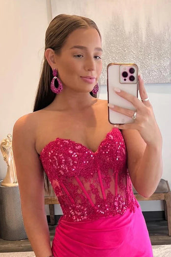 Sparkly Fuchsia Corset Long Prom Dress with Slit