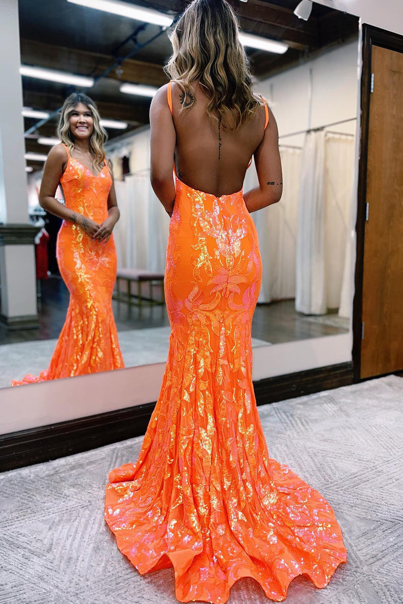 Load image into Gallery viewer, Sparkly Mermaid Orange Sequins Long Prom Dress