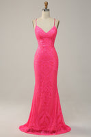 Load image into Gallery viewer, Mermaid Spaghetti Straps Sequined Hot Pink Long Prom Dress
