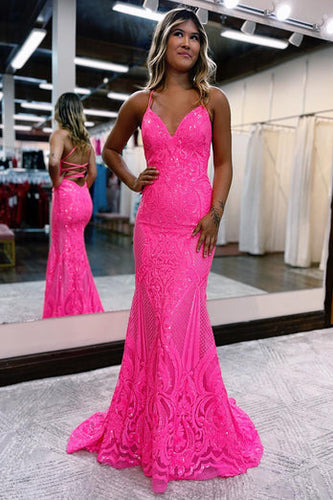 Sparkly Mermaid Backless Hot Pink Sequins Long Prom Dress