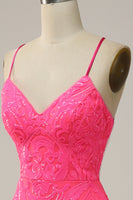 Load image into Gallery viewer, Mermaid Spaghetti Straps Sequined Hot Pink Long Prom Dress