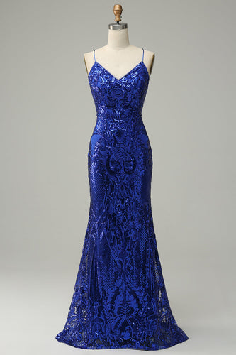 Mermaid Spaghetti Straps Royal Blue Sequins Long Prom Dress with Criss Cross Back