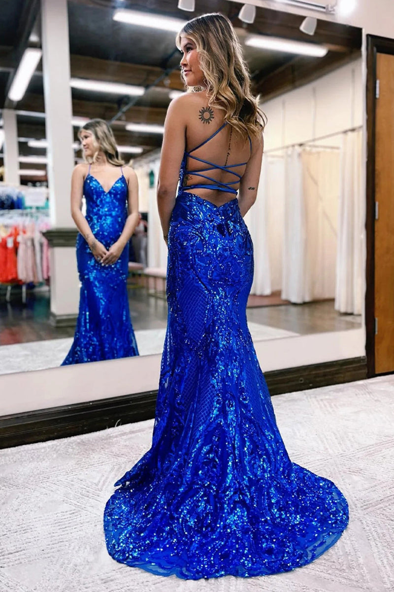 Load image into Gallery viewer, Sparkly Mermaid Backless Hot Pink Sequins Long Prom Dress