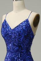 Load image into Gallery viewer, Mermaid Spaghetti Straps Royal Blue Sequins Long Prom Dress with Criss Cross Back