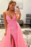 Load image into Gallery viewer, Sparkly Pink Detachable Train Sequins Prom Dress with Slit