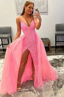 Load image into Gallery viewer, Sparkly Pink Detachable Train Sequins Prom Dress with Slit