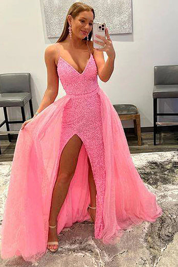 Sparkly Pink Detachable Train Sequins Prom Dress with Slit
