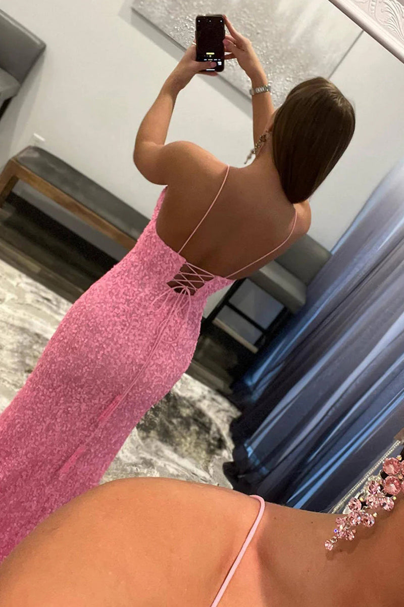 Load image into Gallery viewer, Sparkly Pink Detachable Train Sequins Prom Dress with Slit