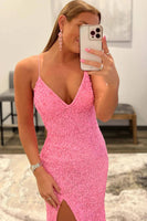 Load image into Gallery viewer, Sparkly Pink Detachable Train Sequins Prom Dress with Slit