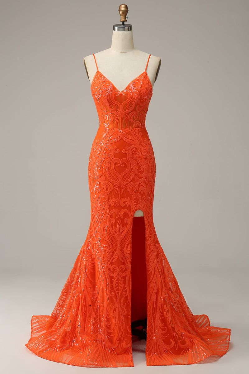 Load image into Gallery viewer, Mermaid Spaghetti Straps Orange Long Prom Dress with Slit Front