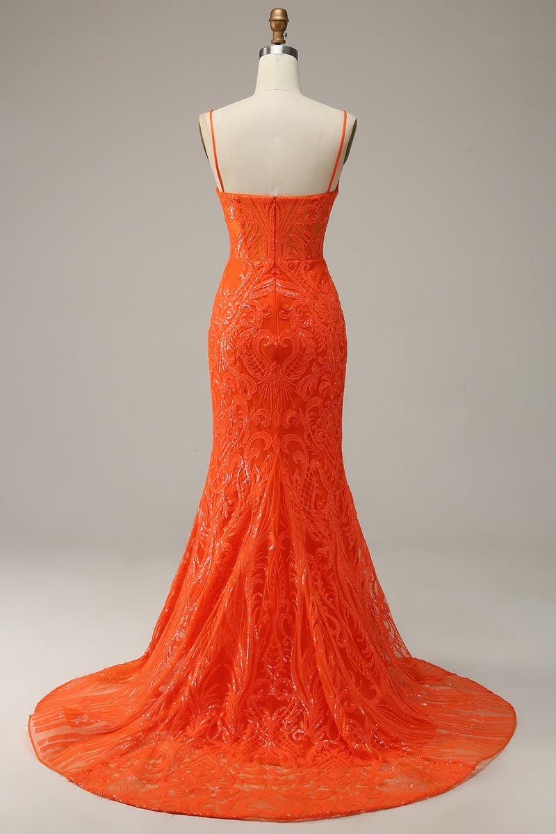 Load image into Gallery viewer, Mermaid Spaghetti Straps Orange Long Prom Dress with Slit Front