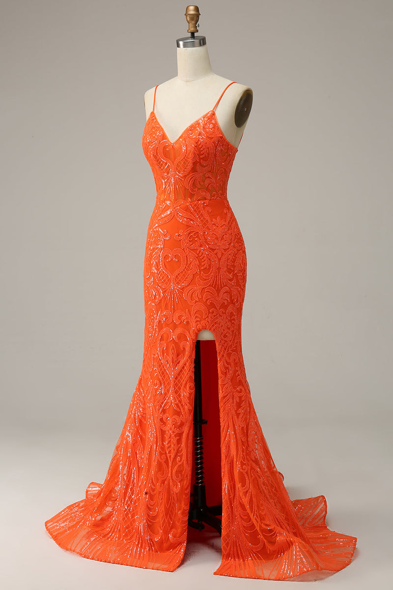 Load image into Gallery viewer, Mermaid Spaghetti Straps Orange Long Prom Dress with Slit Front