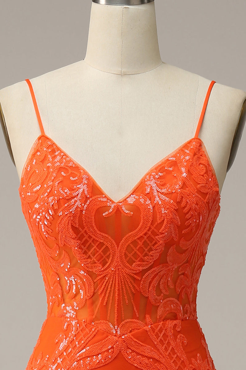Load image into Gallery viewer, Mermaid Spaghetti Straps Orange Long Prom Dress with Slit Front