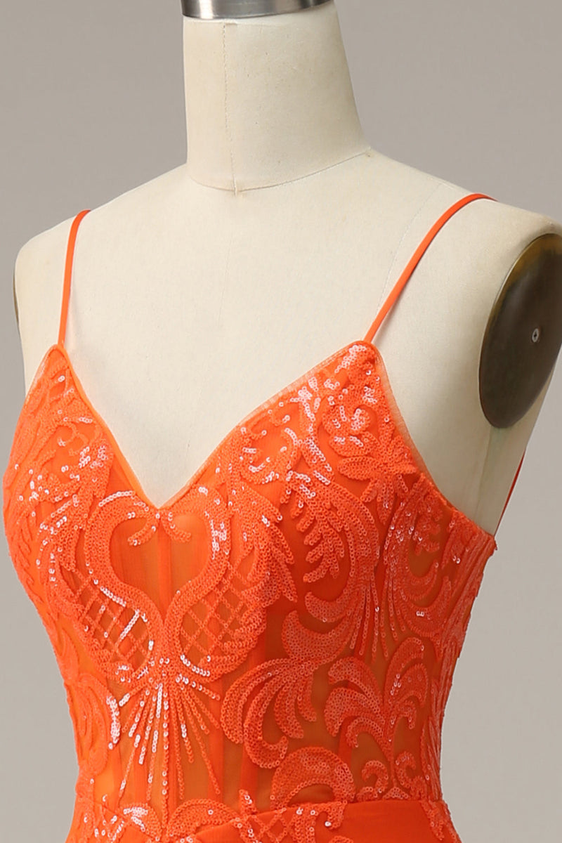 Load image into Gallery viewer, Mermaid Spaghetti Straps Orange Long Prom Dress with Slit Front