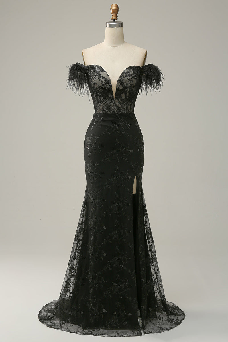 Load image into Gallery viewer, Mermaid Off the Shoulder Black Long Prom Dress with Feather