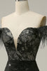 Load image into Gallery viewer, Mermaid Off the Shoulder Black Long Prom Dress with Feather