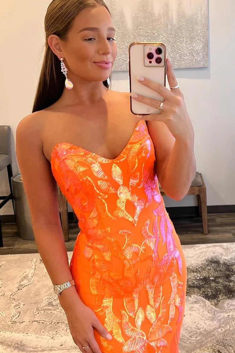 Load image into Gallery viewer, Sparkly Orange Sequin Sweetheart Lace-Up Back Long Prom Dress