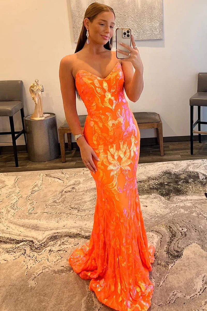 Load image into Gallery viewer, Sparkly Orange Sequin Sweetheart Lace-Up Back Long Prom Dress