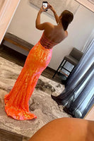 Load image into Gallery viewer, Sparkly Orange Sequin Sweetheart Lace-Up Back Long Prom Dress