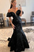 Load image into Gallery viewer, Sparkly Black Sequin Off the Shoulder Long Prom Dress