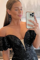 Load image into Gallery viewer, Sparkly Black Sequin Off the Shoulder Long Prom Dress