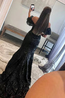 Load image into Gallery viewer, Sparkly Black Sequin Off the Shoulder Long Prom Dress
