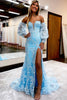 Load image into Gallery viewer, Blue Detachable Sleeves Sweetheart Lace Long Prom Dress with Slit