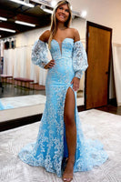 Load image into Gallery viewer, Blue Detachable Sleeves Sweetheart Lace Long Prom Dress with Slit